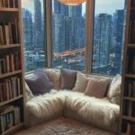 Gezellige leeshoek met kussens, boeken en stadslicht door hoge ramen