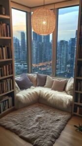 Gezellige leeshoek met kussens, boeken en stadslicht door hoge ramen
