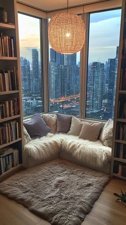 Gezellige leeshoek met kussens, boeken en stadslicht door hoge ramen