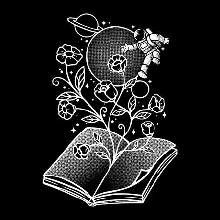 Open boek met bloemen, een planeet en een zwevende astronaut